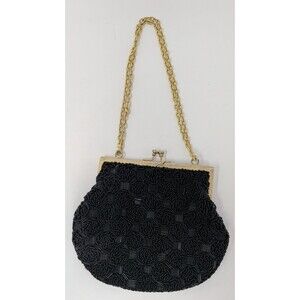 Vintage Black Beaded Evening Bag Handmade Hong Kong Gold Kiss Clasp Old Money